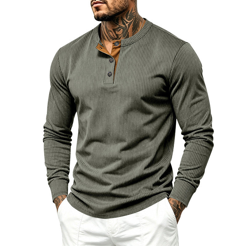 Herren Geripptes Henley-Langarmshirt aus Feinstrick mit Stehkragen und Knopfleiste Drune