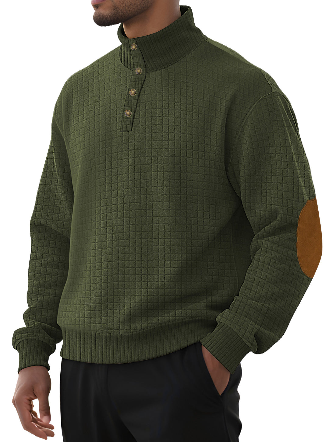 Herren nan kariertes Stepp-Sweatshirt mit Henley-Blende hohem Stehkragen und Velours-Ellenbogenpatch Drune