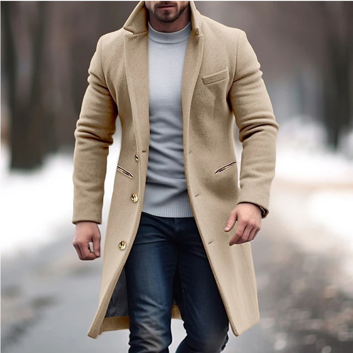 Herren Eleganter einreihiger Langmantel aus Wollmix mit schmaler Silhouette und Reverskragen Drune