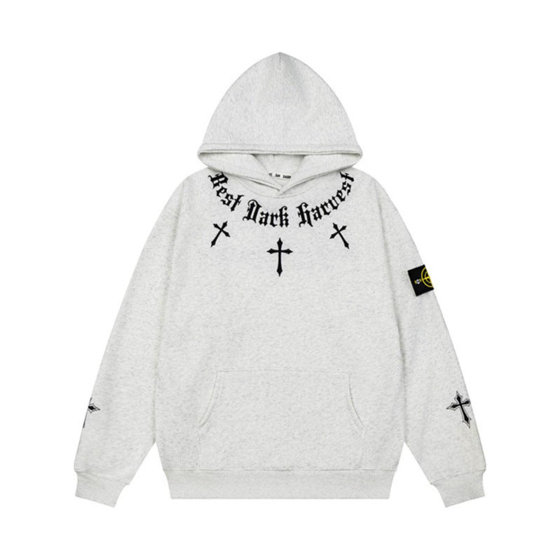 Unisex Oversize Kapuzenpullover mit Gothic-Kreuz-Print, Kängurutasche und Rippbündchen Drune