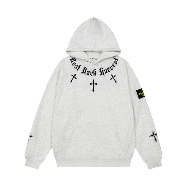 Unisex Oversize Kapuzenpullover mit Gothic-Kreuz-Print, Kängurutasche und Rippbündchen Drune
