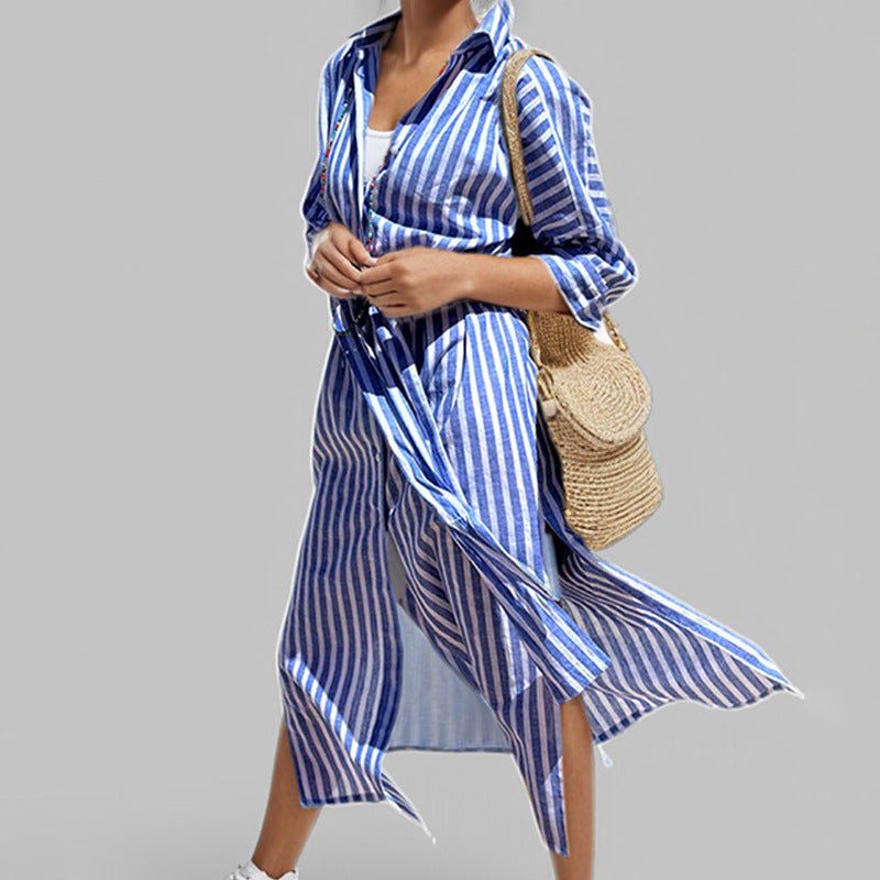 Damen Hemdblusenkleid mit seitlichem Schlitz und modernen Streifen Drune