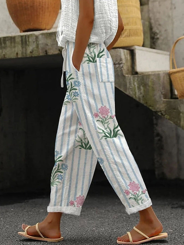 Damen Weite Leinenhose mit handgewebtem Muster Drune