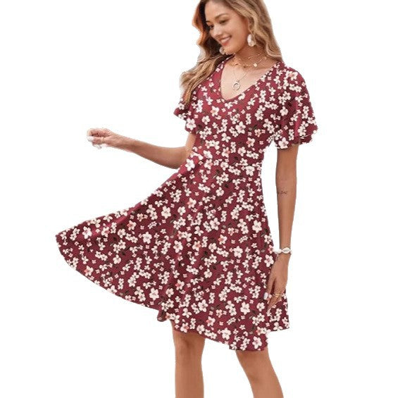 Damen Blumenkleid mit V-Ausschnitt und Röcken Drune