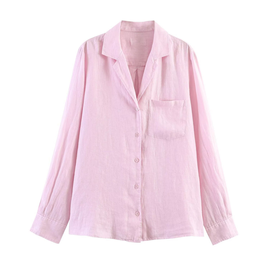 Damen Leichte Leinenbluse mit Hemdkragen, Brusttasche und lockerer Oversize‑Silhouette Drune