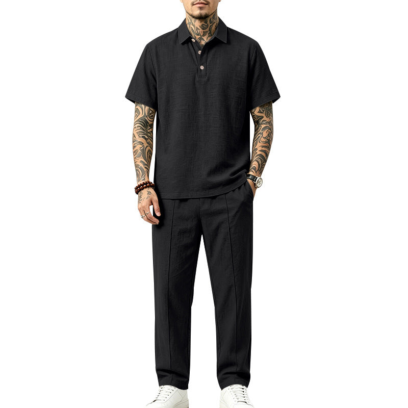 Herren Polo-Lounge-Set aus leichter Leinenmischung mit Kurzarm-Polo und gerader Bundfaltenhose Drune