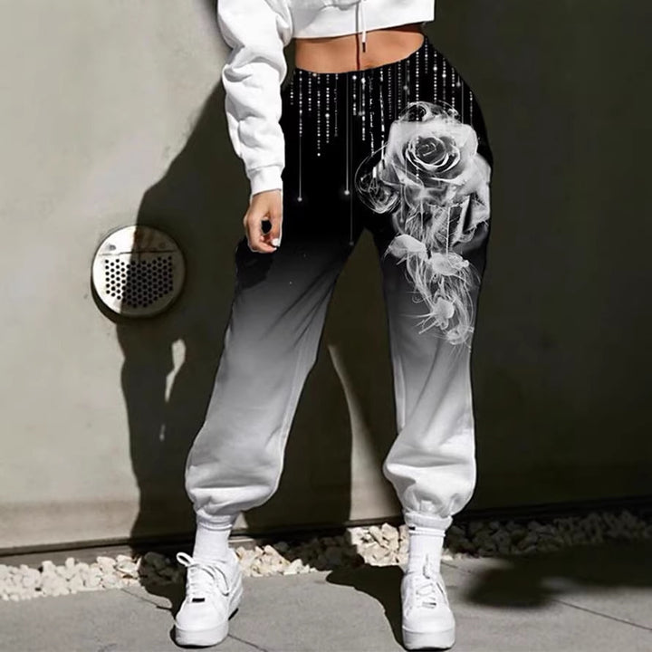 Damen Hohe Taille Jogginghosen mit Ombre-Gradient, Smoke Rose Druck und Elastischen Bündchen Drune