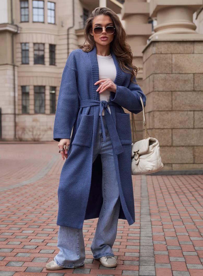 Damen Strickmantel mit Gürtel und praktischen Taschen Drune