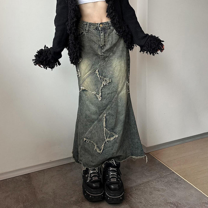 Damen nan vintage Denim-Maxirock mit ausgefransten Patches und diagonalen Ziernähten Drune