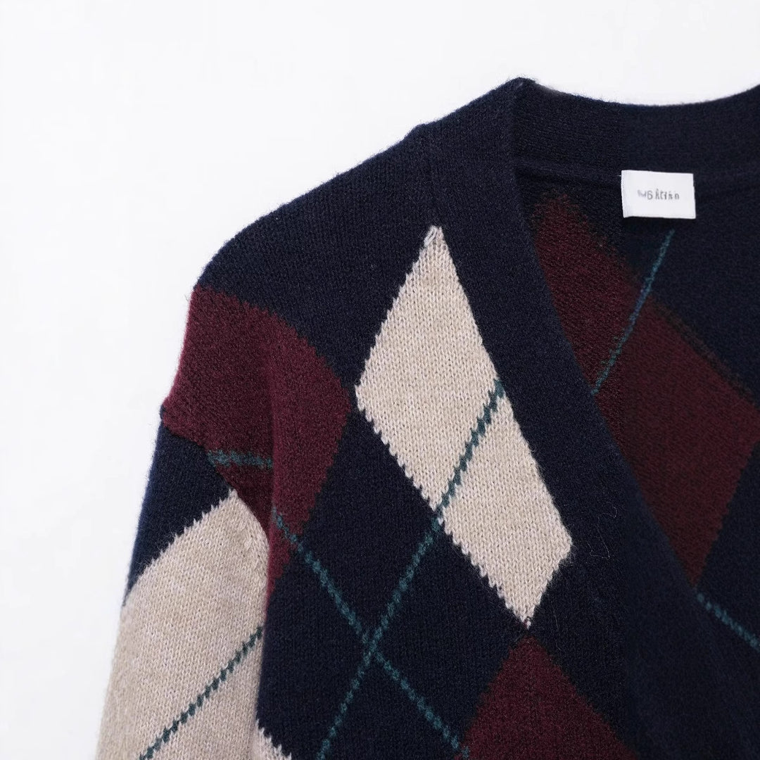 Damen lässige Strickjacke im modernen Rautenmuster mit V-Ausschnitt und Knopfdetails Drune