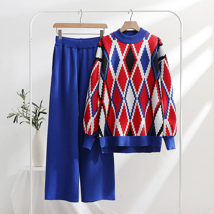 Damen modisches Strick-Loungewear-Set mit geometrischem Muster und weitem Schnitt Drune