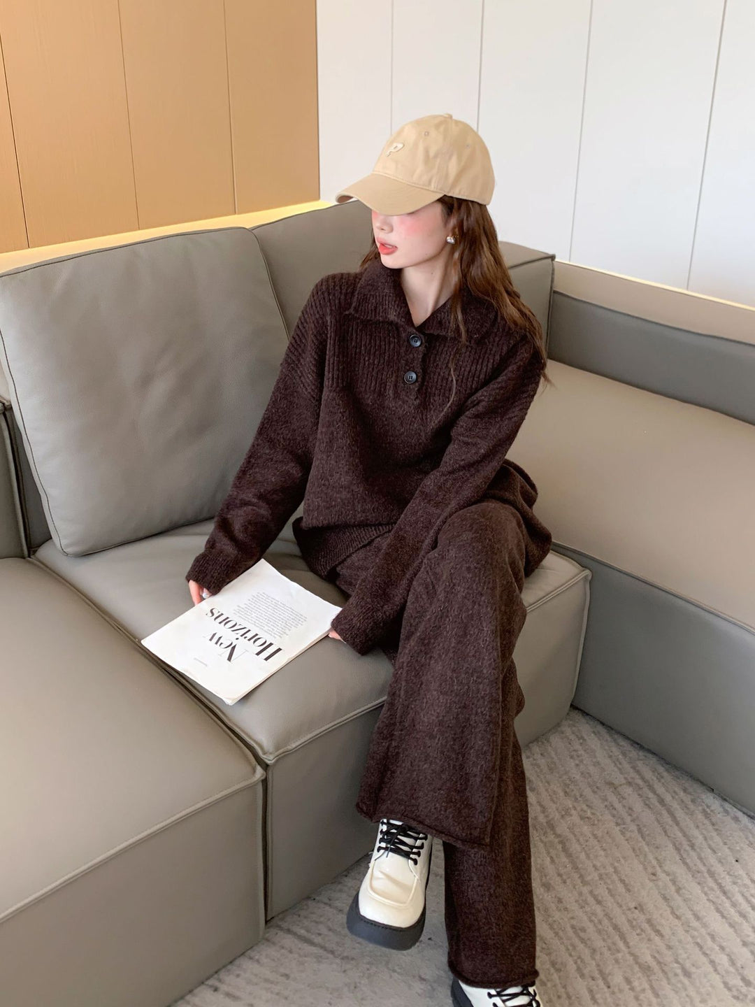 Damen gemütlicher Strickpullover mit hohem Kragen und Knopfdetails Drune