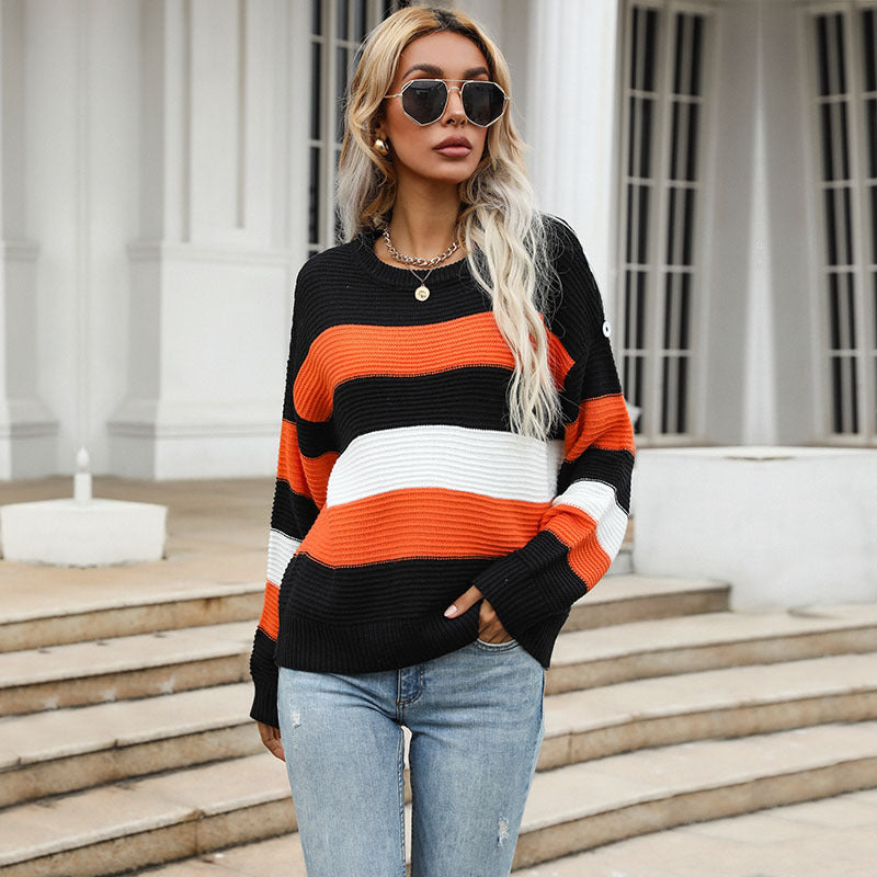 Damen Breitgestreifter Strickpullover im Fisherman‑Look mit gerippter Textur und überschnittener Schulter Drune