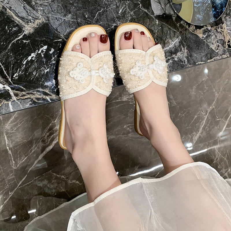 Damen nan elegante Mule mit quadratischer Zehenpartie Bouclé-Obermaterial und Perlenverzierung Drune
