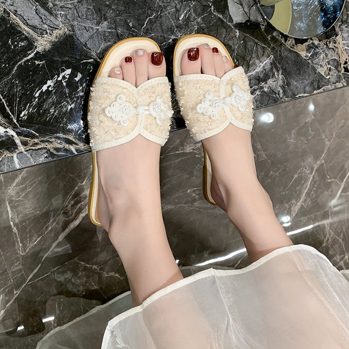 Damen nan elegante Mule mit quadratischer Zehenpartie Bouclé-Obermaterial und Perlenverzierung Drune