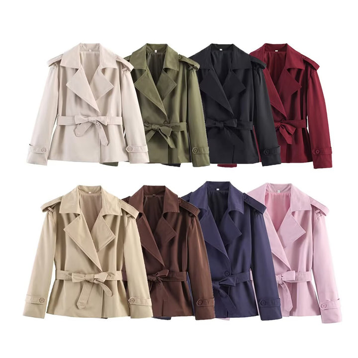 Damen kurzer Trenchcoat mit Taillengürtel, doppelreihiger Front und Schulterklappen Drune