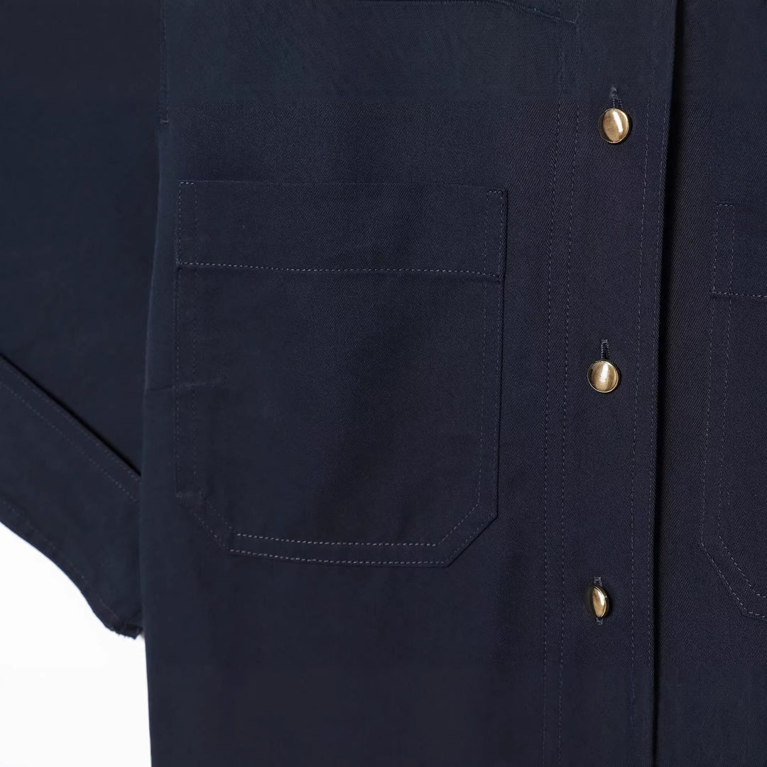 Damen Kurzarm-Hemdblusenkleid mit durchgehender Knopfleiste, Taillengürtel und Brusttaschen Drune