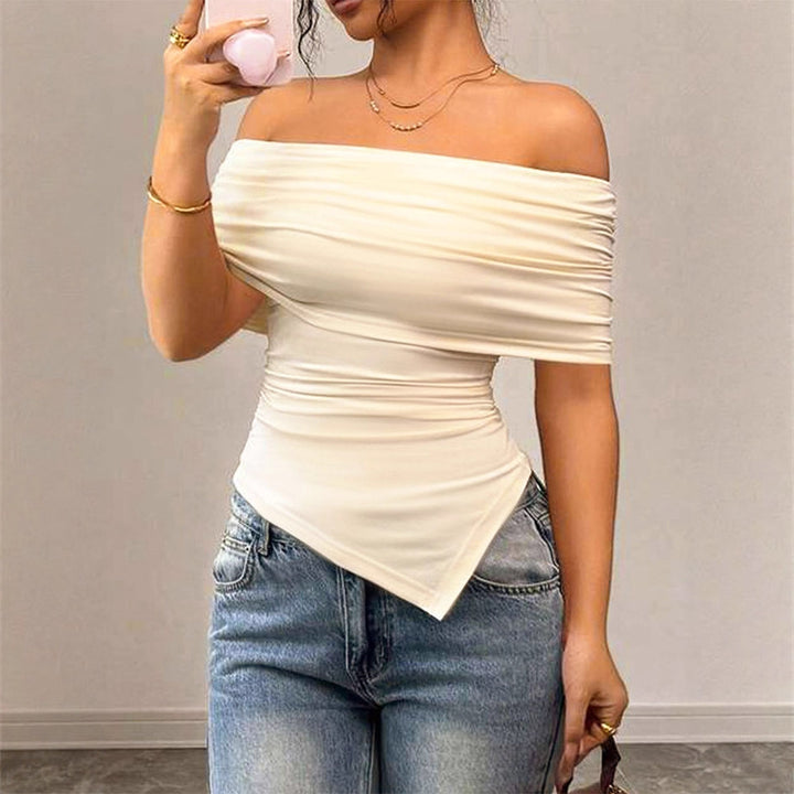 Damen Off-Shoulder Blusenshirt mit asymmetrischem Saum und Raffung Drune