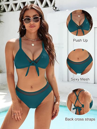 Damen Push-Up-Bikini-Top mit sexy Mesh und Rückenkreuz-Träger Drune