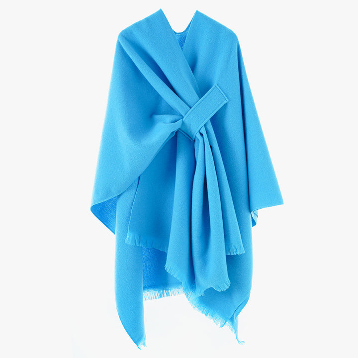 Damen Strickponcho mit geometrischem Blockmuster und Fransen Drune