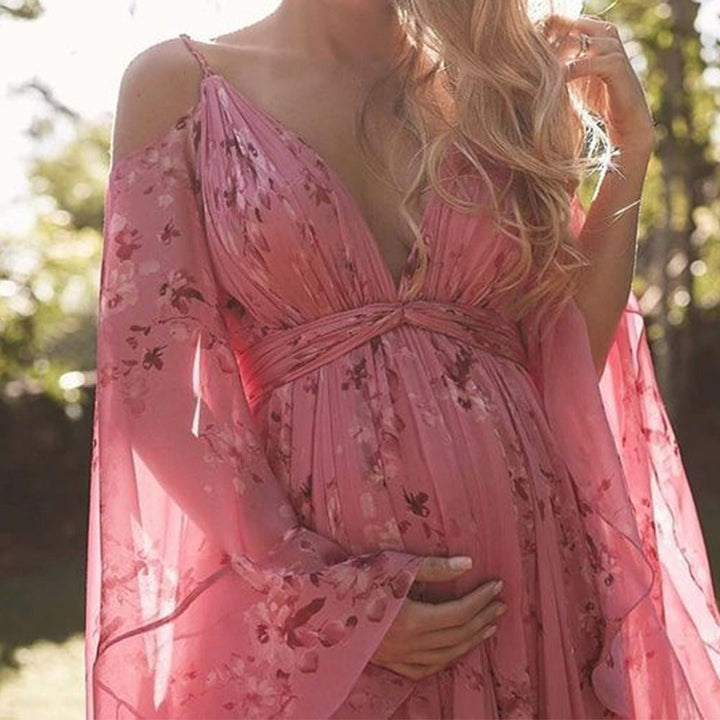 Damen Luftiges Maxi-Kleid mit floralen Akzenten und schwingenden Ärmeln Drune