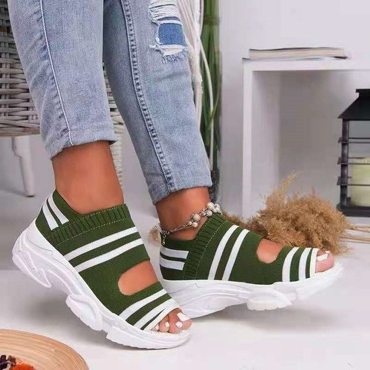 Damen Strick-Slipper mit offener Zehenpartie, atmungsaktivem Stretch-Obermaterial und leichter Komfortsohle Drune