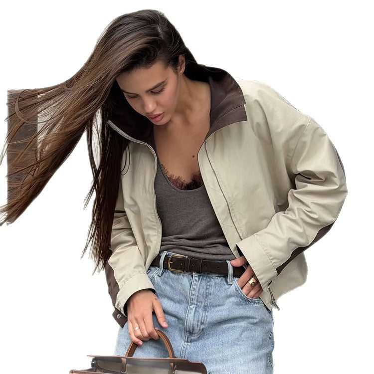 Damen Leichte Bomberjacke im Colorblock‑Stil mit hohem Stehkragen Drune