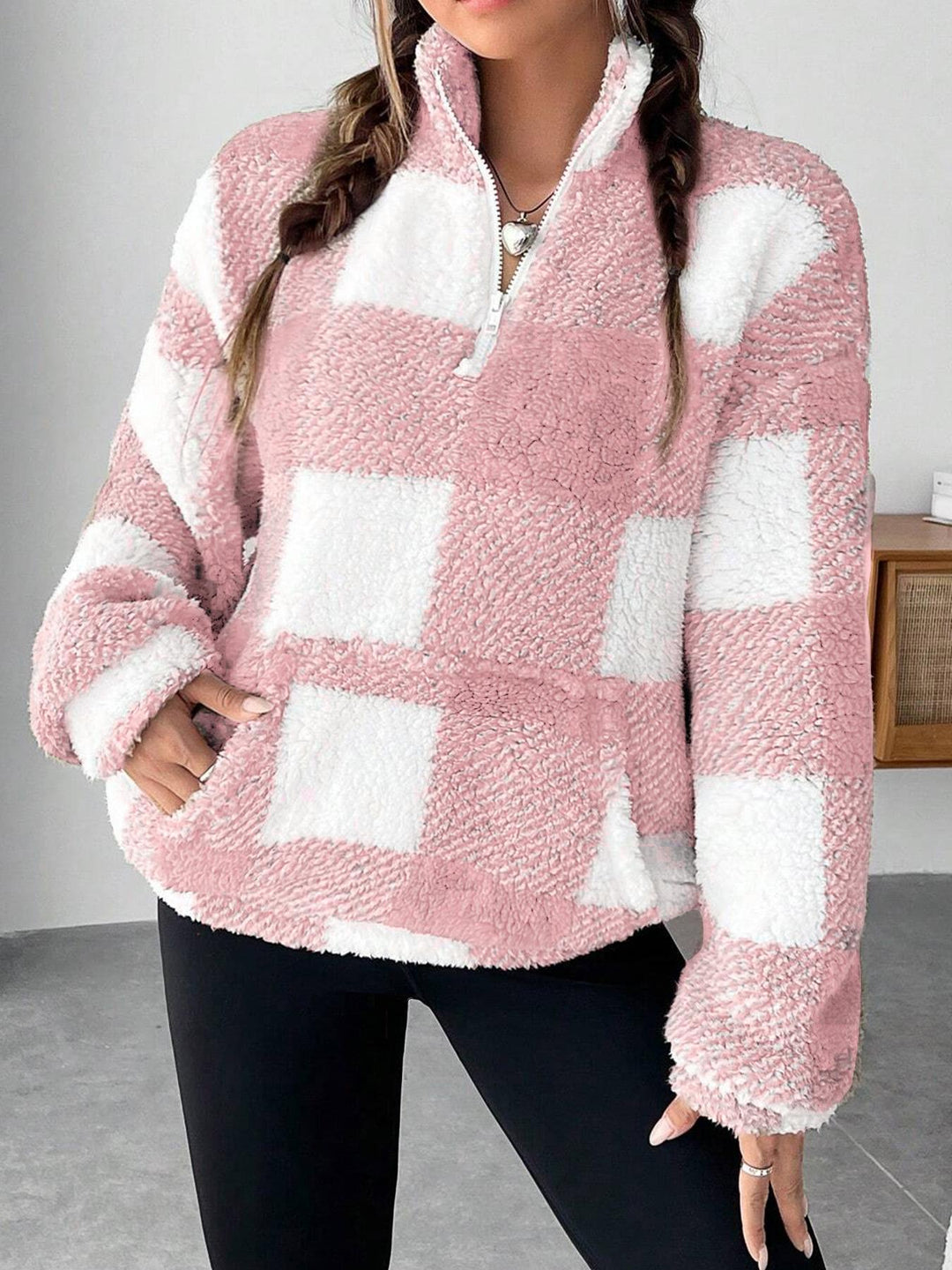 Damen nan kuscheliger Sherpa-Pullover mit Stehkragen, Half-Zip und Kängurutasche Drune