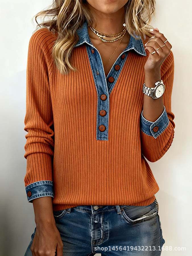 Damen nan gerippter Strickpullover mit Jeanskragen und Knopfleiste Drune