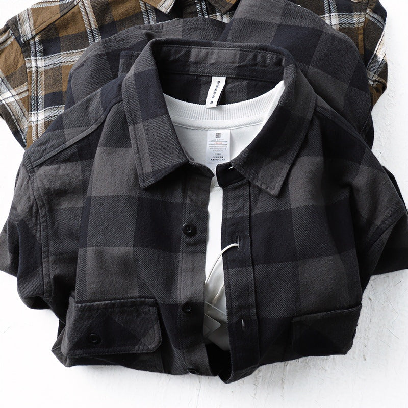 Herren Oversize Kariertes Flanell-Hemdjacke mit aufgesetzten Pattentaschen Drune