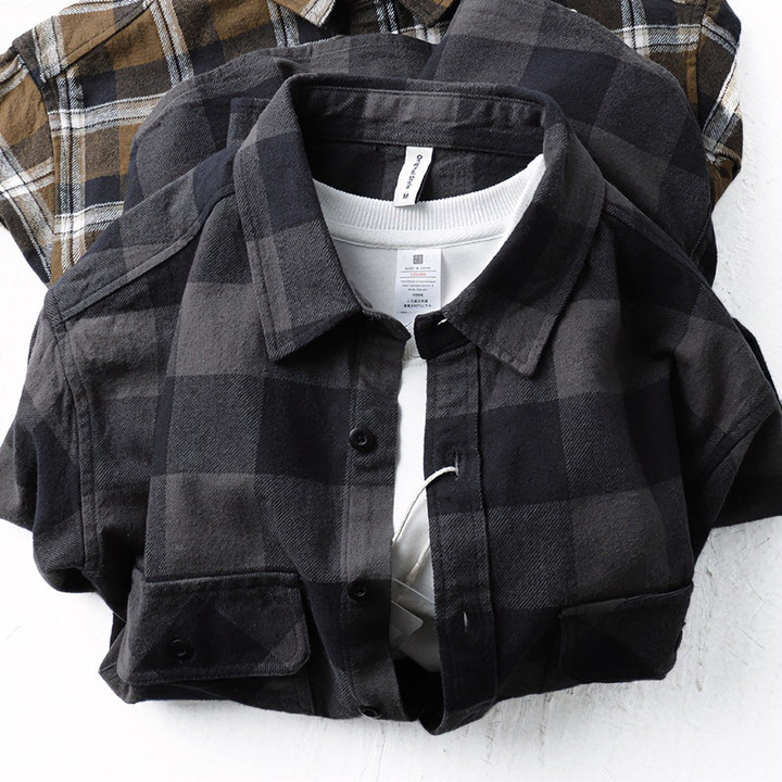 Herren Oversize Kariertes Flanell-Hemdjacke mit aufgesetzten Pattentaschen Drune