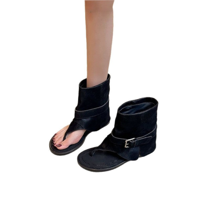 Damen Offene Sandalen‑Stiefelette mit Sockenkragen und Schnallenriemen Drune