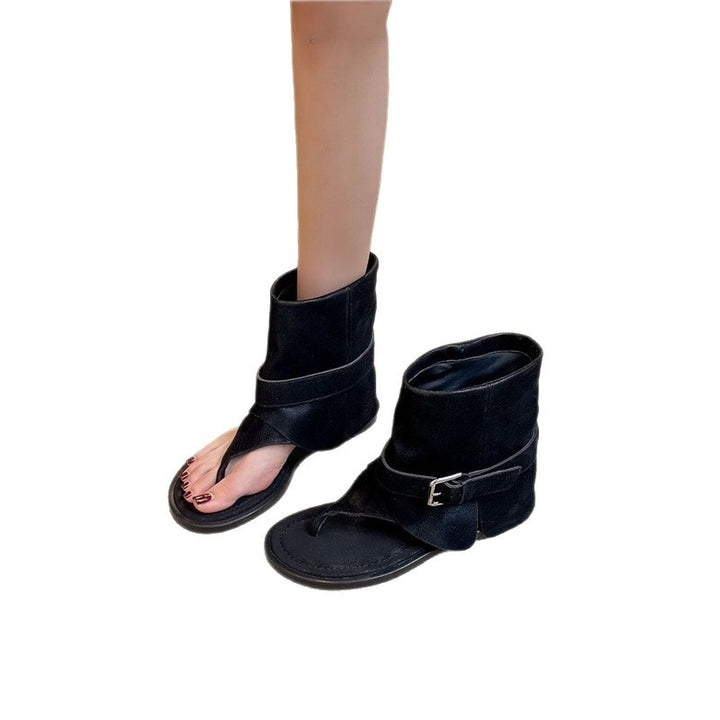 Damen Offene Sandalen‑Stiefelette mit Sockenkragen und Schnallenriemen Drune