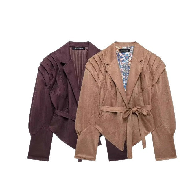 Damen Trendige Kunstlederjacke mit modischem Gürtel und raffiniertem Schnitt Drune