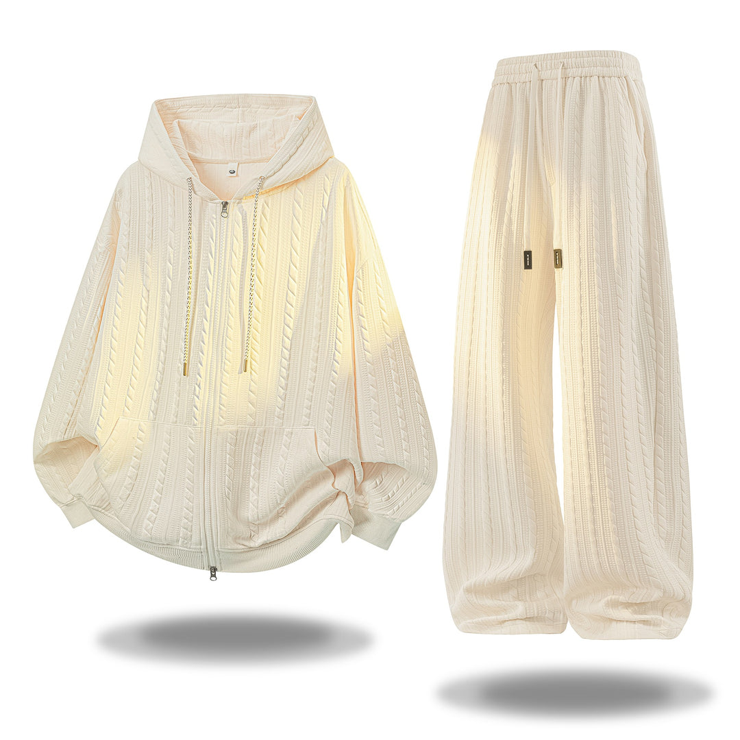 Damen Gehäkeltes Cable-Knit Lounge-Set mit Kapuzen‑Zipjacke & Palazzo‑Hose Drune