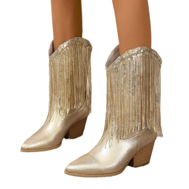 Damen kniehohe Fransen-Cowboystiefel mit feiner Perlenfransen-Verzierung und geformtem Blockabsatz Drune
