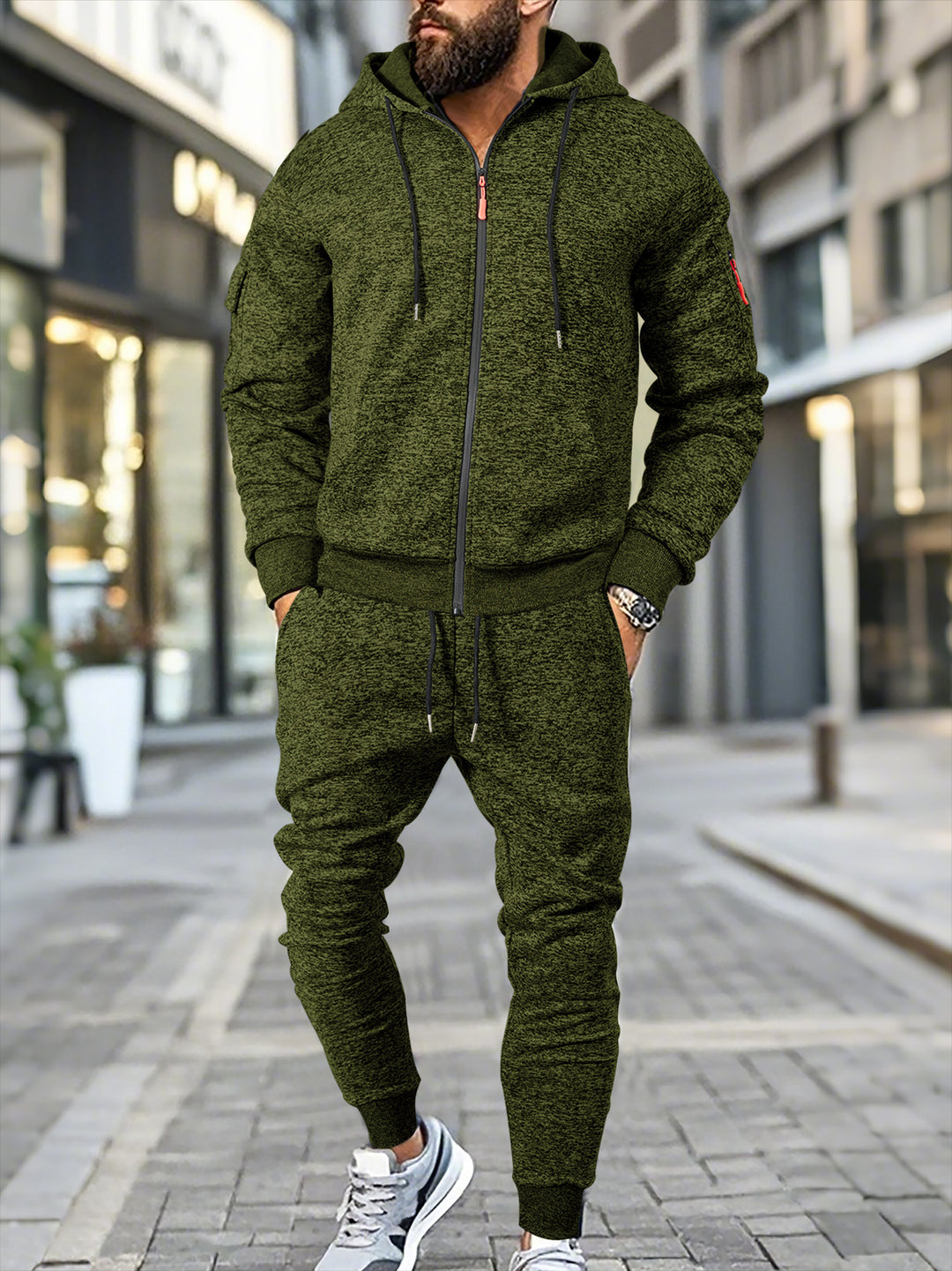 Herren stylischer Freizeitanzug mit Kapuze und praktischen Taschen Drune