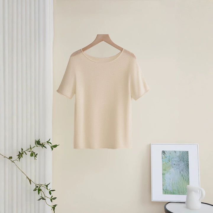 Damen Weiches Feinstrick-T-Shirt mit halbarm, weiter U-Boot-Ausschnitt und feiner Struktur Drune