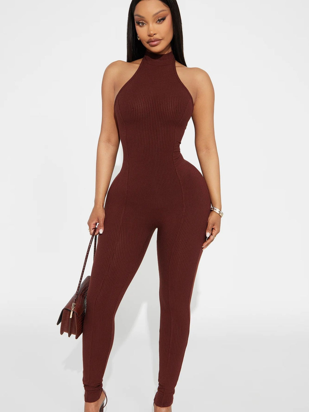 Damen figurbetonter Jumpsuit mit hohem Kragen und Rippstruktur Drune