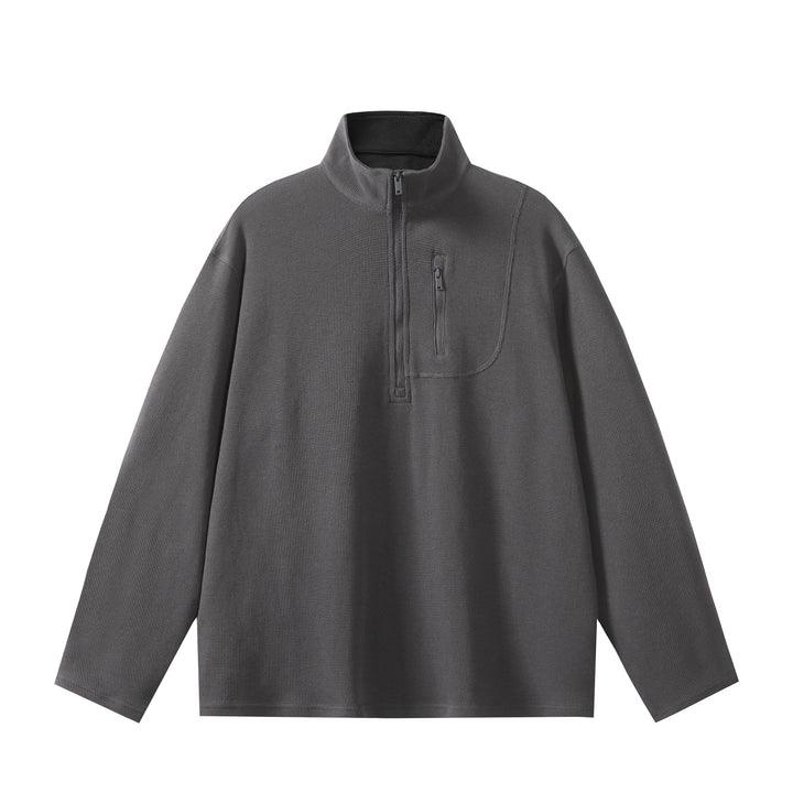 Unisex Leichter Waffelstrick-Halbzip-Pullover mit Stehkragen und Brustzippertasche Drune