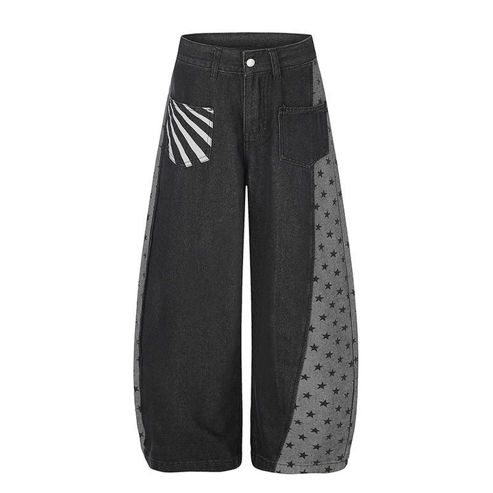 Damen Weite Denim-Palazzohose mit Kontrastseiten, Stern-Print und aufgesetzten Taschen Drune