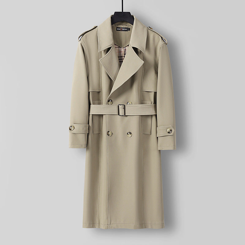 Herren Midilanger Doppelreihiger Trenchcoat mit Taillengürtel, abgefalcetem Revers und kariertem Innenfutter Drune