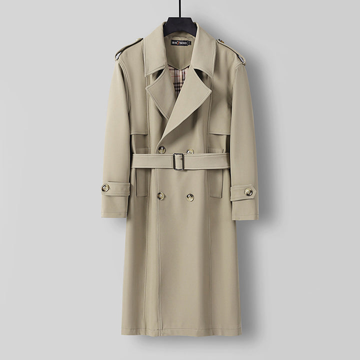 Herren Midilanger Doppelreihiger Trenchcoat mit Taillengürtel, abgefalcetem Revers und kariertem Innenfutter Drune
