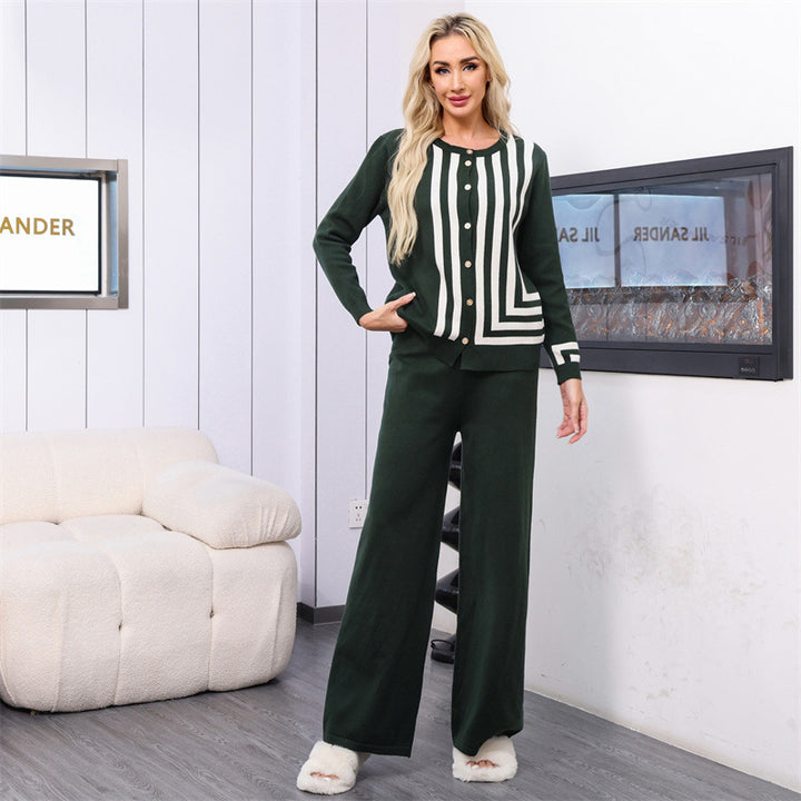 Damen elegantes Strick-Loungewear-Set mit grafischem Muster und Knopfdetaillierung Drune