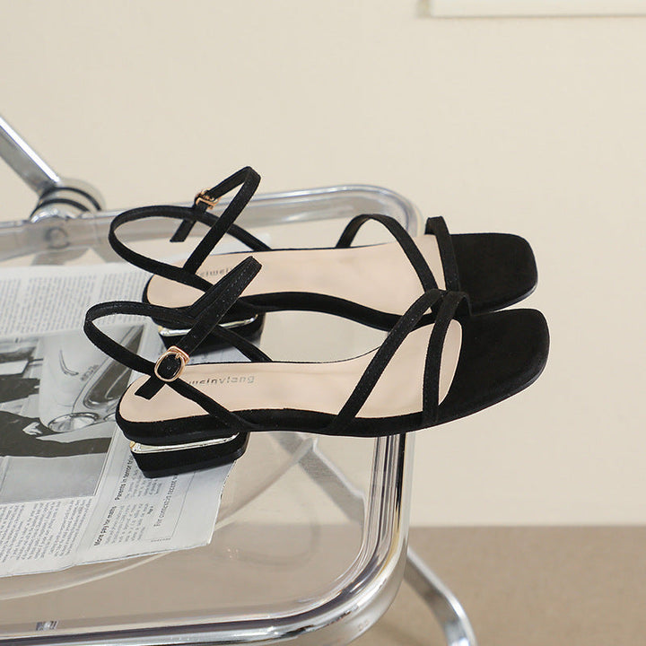 Damen Elegante Fußbett-Sandalen mit dünnen Riemen und modischem Blockabsatz Drune