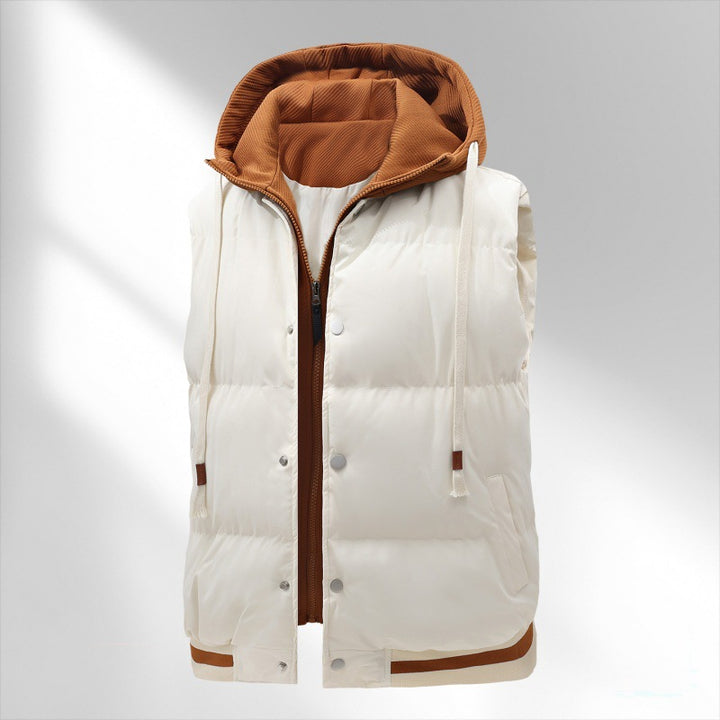 Herren gesteppte Kapuzenweste mit integriertem Hoodie-Layer, Druckknopfleiste und sportivem Geripptsaum Drune