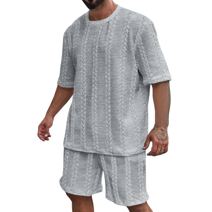 Herren nan entspanntes Zopfstrick-Freizeitset mit weitem Kurzarmshirt und elastischer Bermuda Drune