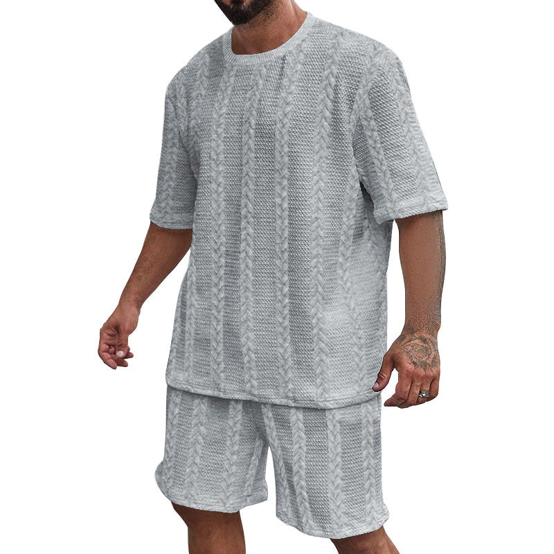 Herren nan entspanntes Zopfstrick-Freizeitset mit weitem Kurzarmshirt und elastischer Bermuda Drune