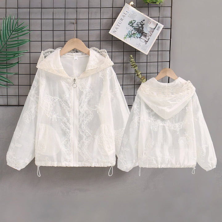 Damen nan transparente bestickte Kapuzenjacke mit Reißverschluss und Tunnelzug Drune
