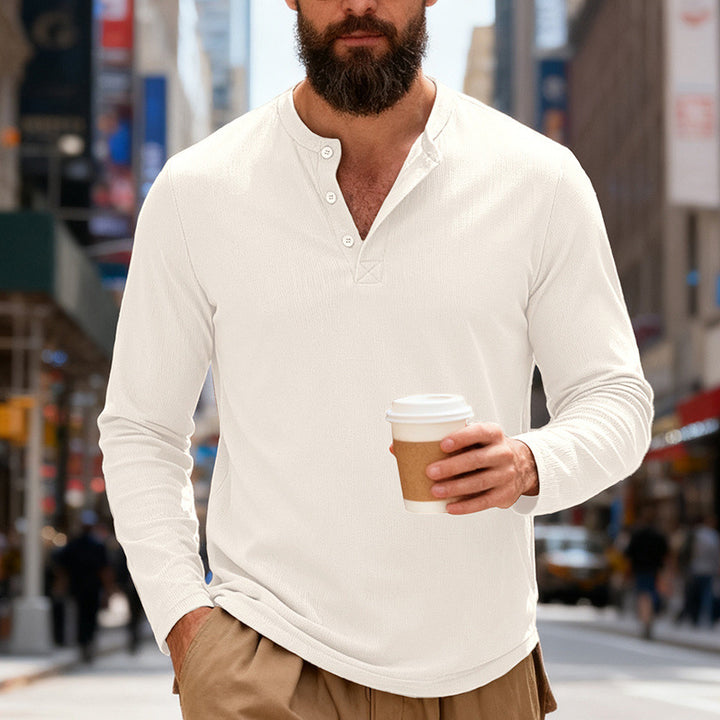Herren nan Thermo-Henley-Langarmshirt mit Waffelstruktur, Rundhalsausschnitt und Knopfleiste Drune